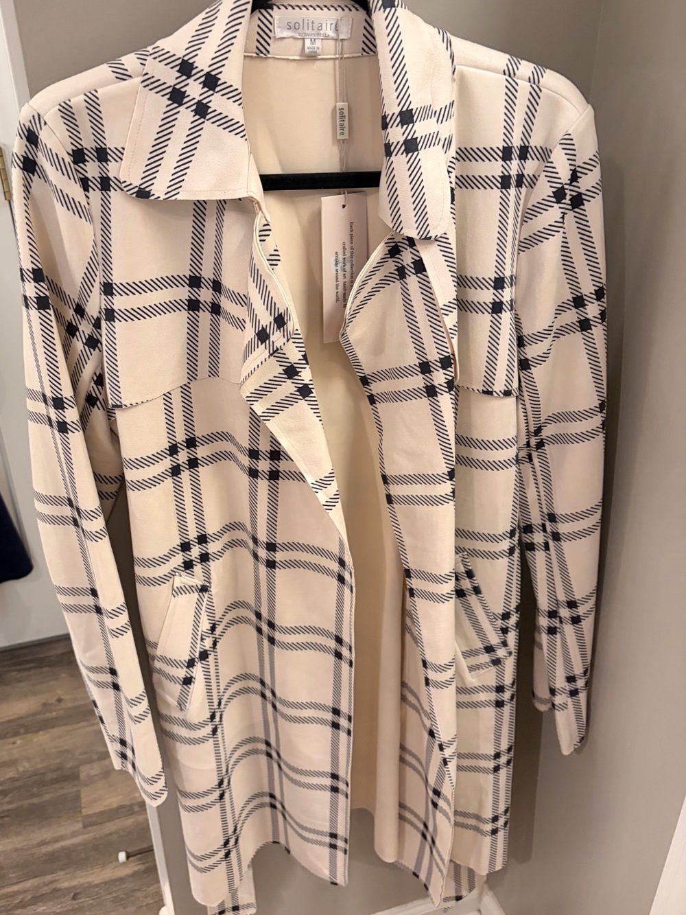 Solitaire Cream and Navy Plaid Open Front Coatigan